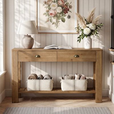 Console en bois massif 55 po avec 2 tiroirs et tablette de rangement à lattes