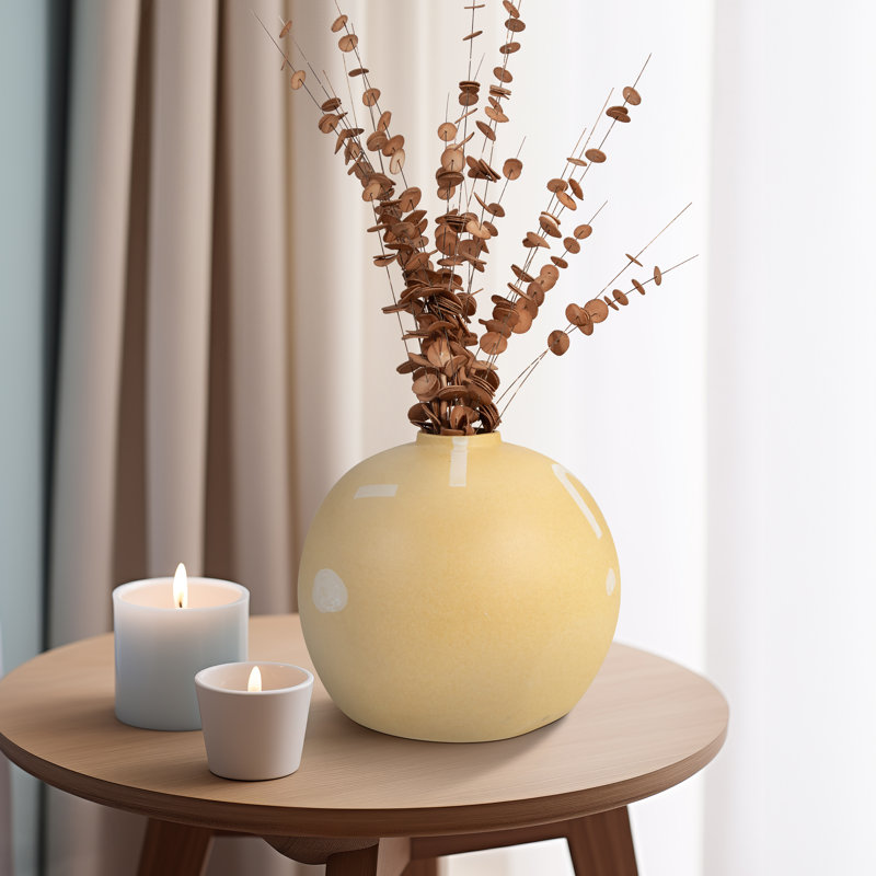 Keerica Stoneware Vase with Hand-Painted Accents and Globular Shape, 11" Yellow Boho Decor for Home, Office, Bedroom or Living Room
