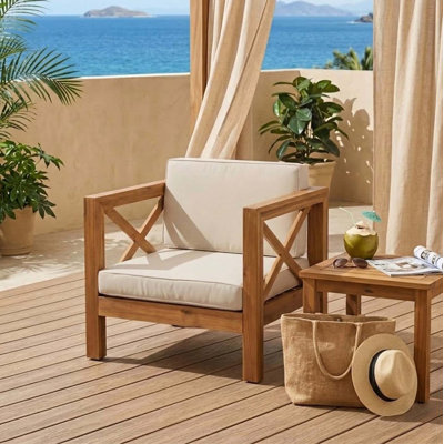 Fauteuil club d'extérieur Mid-Century avec structure en bois d'acacia et siège rembourré pour balcon de porche de patio