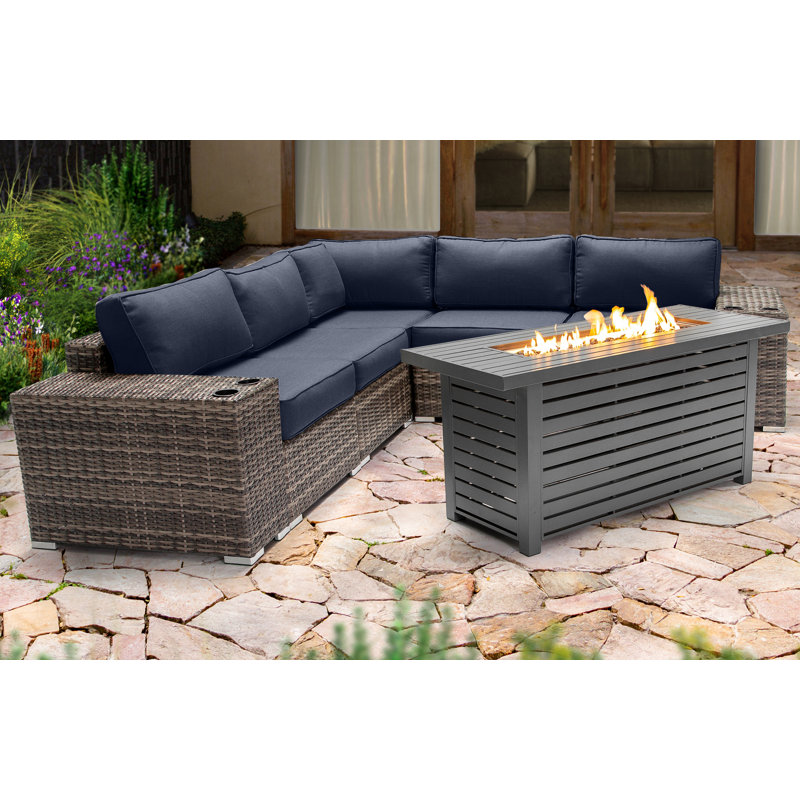 Ensemble de conversation Lsi pour 4 personnes avec foyer et coussins Sunbrella, Bleu marine Sunbrella