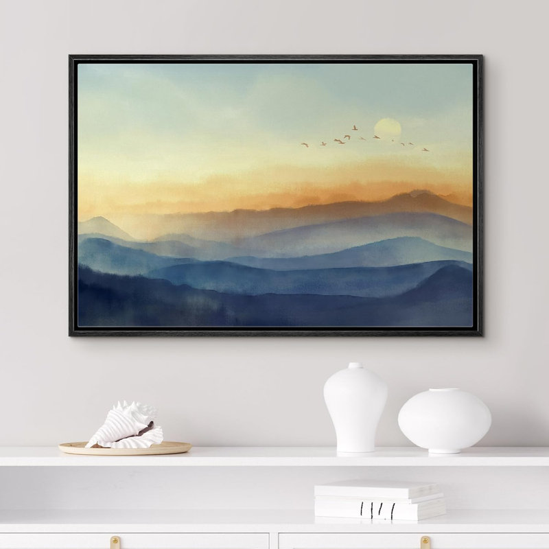 Abstrait paysage pastel, montagne, lever de soleil, photo, mininal, grand, impression sur toile encadrée, Cadre flottant noir