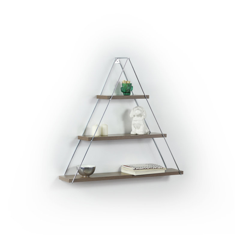 Étagère murale flottante Moset avec support métallique, design triangulaire en bois massif finition noyer
