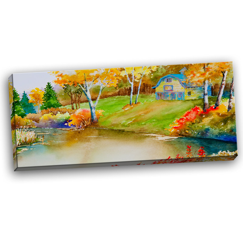 «House and Quiet Pond in Fall», reproduction d'art sur toile tendue, H 16 po x l 32 po x P 1 po