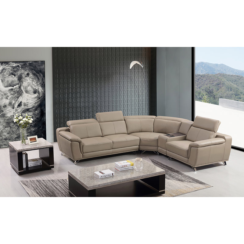 Lirison Upholstered Curved Sectional Right Hand Facing, Dark Tan Genuine Leather, Right Hand Facing