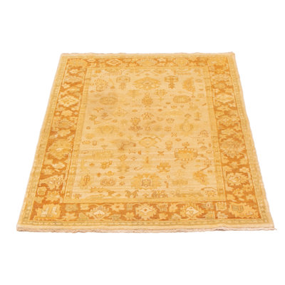 Tapis beige / orange brûlé en laine noué à la main de conception unique 4 pi x 5 pi 9 po Anatolian