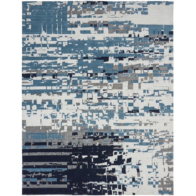 Tapis bleu en coton tissé à la main Kala, Rectangle 7 pi 6 po x 9 pi 6 po