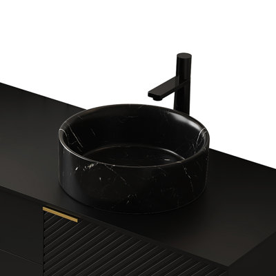 Matte Black 14'' Round Ceramic Sink For Bathroom, Stone Pattern, Hazy Gray Veined Textures, Long - Lasting And Stain , 4.81 In Height, 14.38 Width Bathroom Sink, Black, Proof, Atmospheric Design,