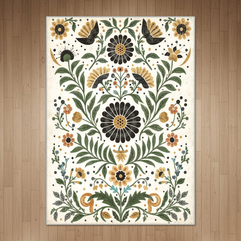 Clermont Vintage Boho Floral Sage Ochre Machine Washable Area Rug, Rectangle 6' x 9', Beige / Sage Green