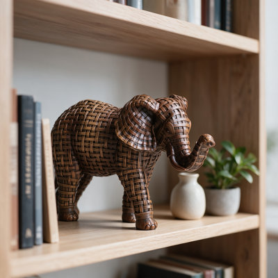 Statue d'éléphant tressée décorative pour table, éléphant en résine à l'aspect rotin, ornement pour bureau ou étagère, 18 cm