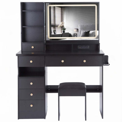 41" Large Size Left Drawer Desktop Vanity Table+Cushioned Stool Dresser Set, 2 AC+2 USB Power Station, Hair Dryer Stand, Extra Large Touch Control LED Mirror, 3-color Switch, EPA, GCC, UL Certificate