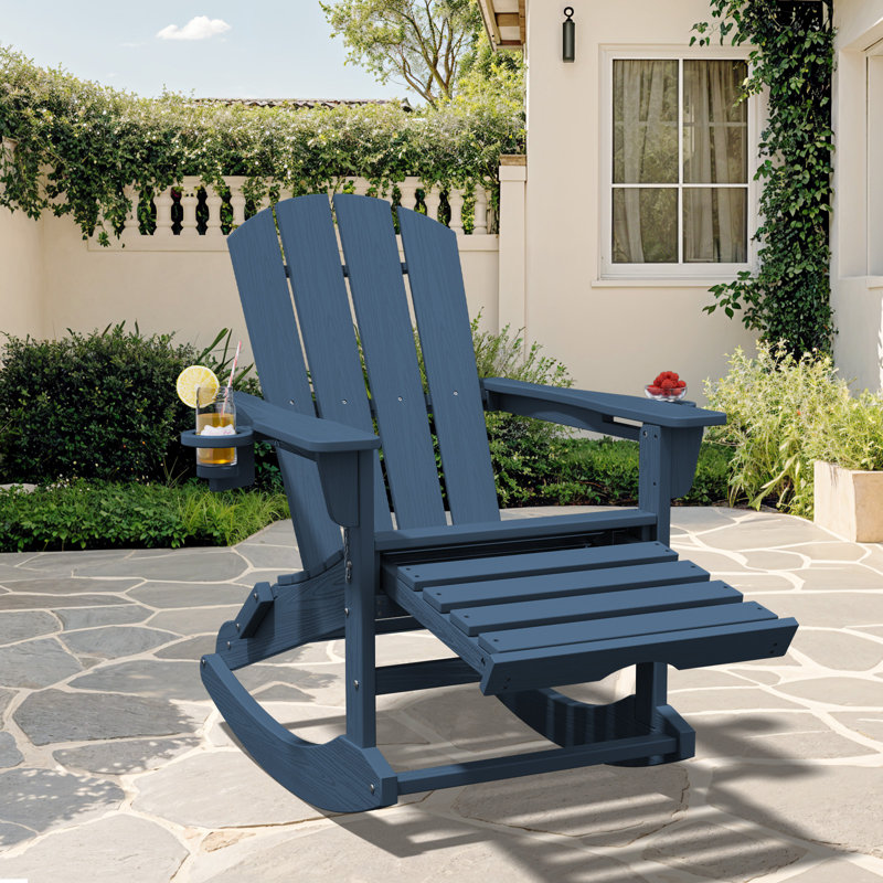 Chaise Adirondack d'extérieur en PEHD pliante et berçante avec porte-gobelet double et Ottoam , Marine