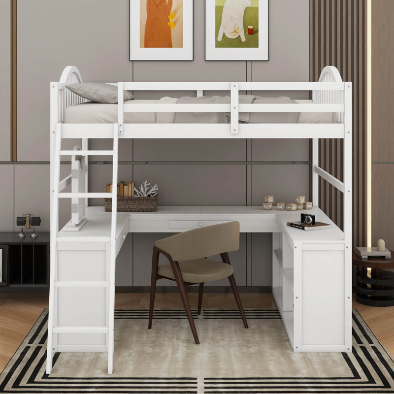 Lit mezzanine double en bois avec bureau