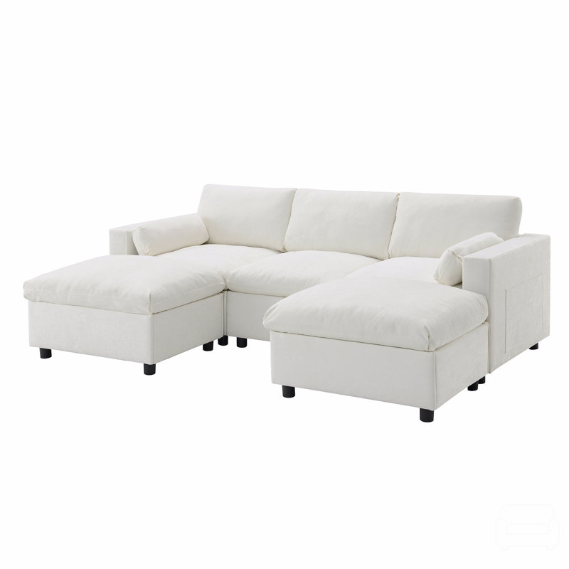 86.5'' Chenille Modular Sectional Sofa With Storage Pockets, White Chenille
