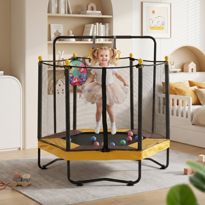 54" Kids Trampoline with Safety Enclosure, Gym Bar, Basketball Hoop, Rings, Boxing Bag & Ocean Balls, Indoor & Outdoor Toddler Trampoline for Ages 1-8