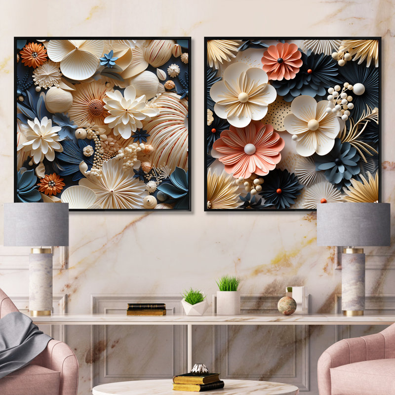 Rondeau - Ensemble de 2 collages carrés floraux, Cadre flottant noir, H 16 po x l 33 po