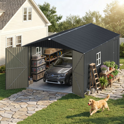 12' x 20' Outdoor Metal Storage Shed with Double Doors and Windows, Large Steel Garage for Backyard & Patio