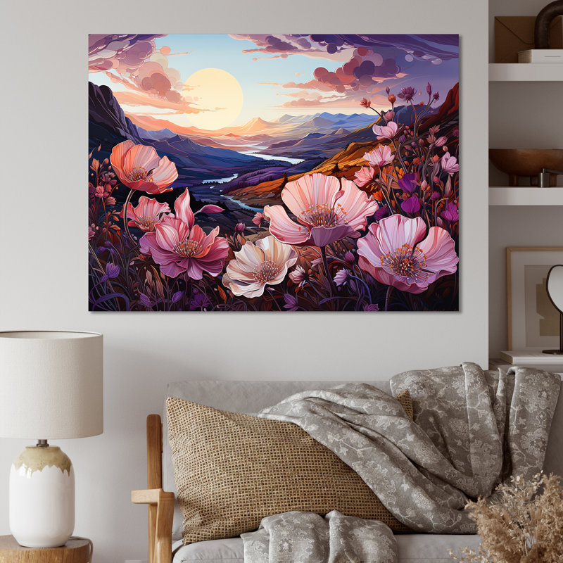 «Violets Flowers Mountain Charm» sur toile, Toile tendue, H 16 po x l 32 po x P 1 po