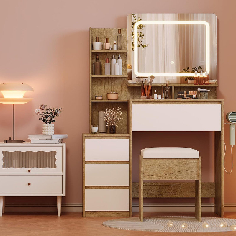 Makeup Vanity Desk with LED Mirror, Drawers, Power Outlet & Stool, Dressing Table for Bedroom