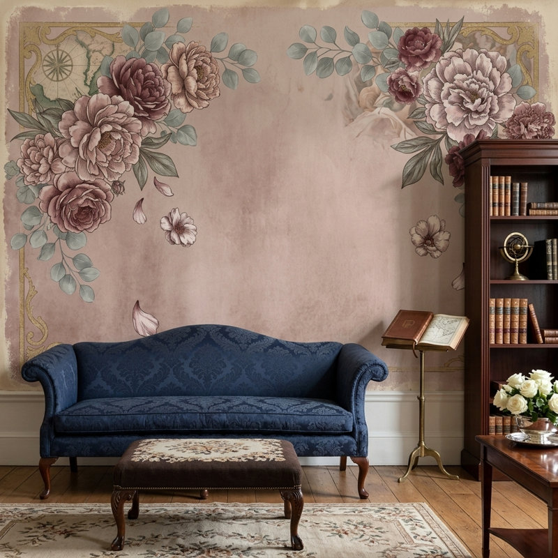 Papier peint floral rétro avec pivoines roses, 160 po x 108 po, Non tissé