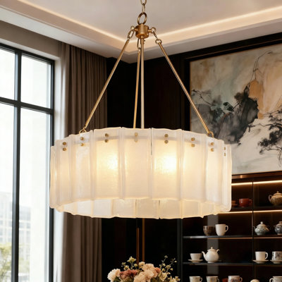 Lustre tambour 6 lumières à abat-jour moderne avec verre texturé