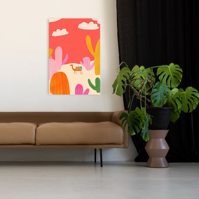 Colorful Camel Journey Colorful Playful Whimsical Cactus Landscape Nature Wall Art Print by Mathieu - Wrapped Canvas Print