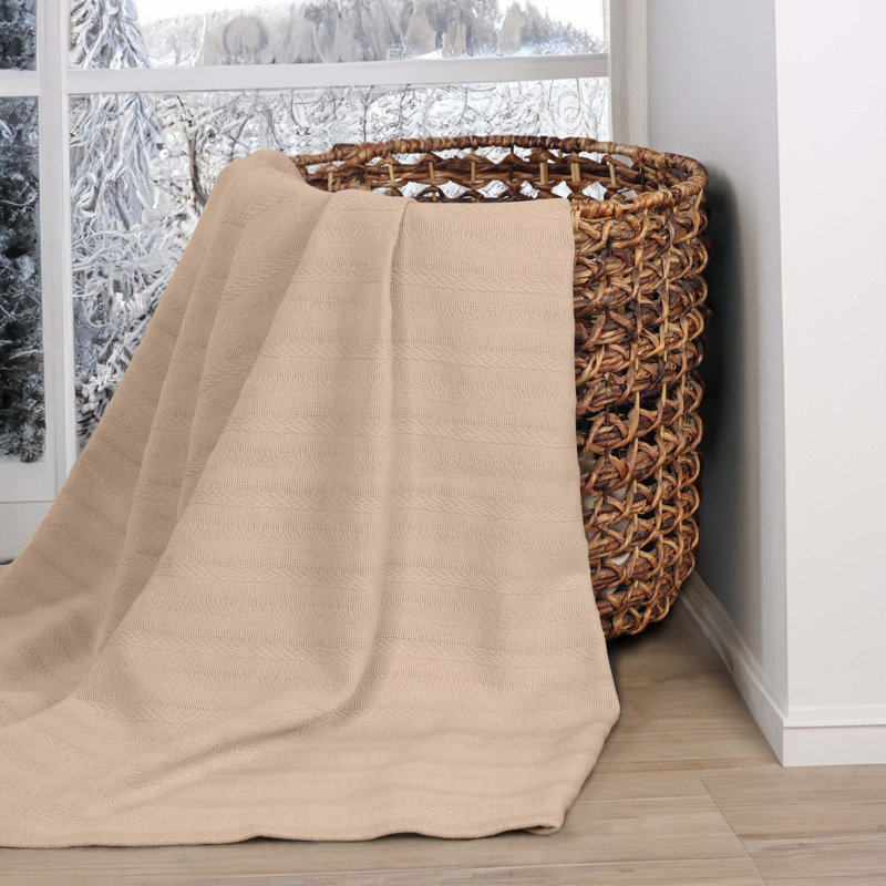 Couverture à rayures jacquard 100% coton Superior Clara, Lit simple, Kaki