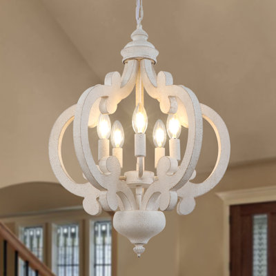 Gisbelle 5 - Light 17.3" W Rustic Solid Wood Chandelier French Country Chandelier Farmhouse Wood Chandelier Geometric Chandelier