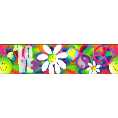Bordure de papier peint pré-encollée - rose, bleu, vert, mauve Paix, amour, bordure murale rétro, 15 pi X 5,25 po