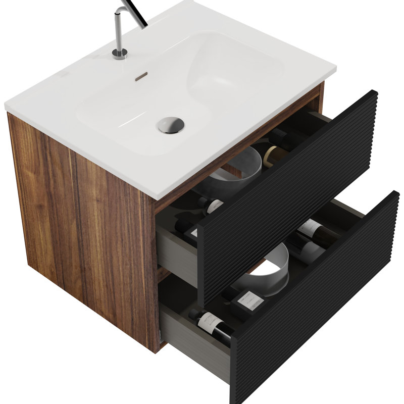 Meuble-lavabo de salle de bain 24 po - Thème noir et noyer doux. Moderne avec trop-plein d'évier en céramique. Rangement abondant, technologie de fermeture silencieuse fixée au mur. Espace généreux intégré, fonctionnalité