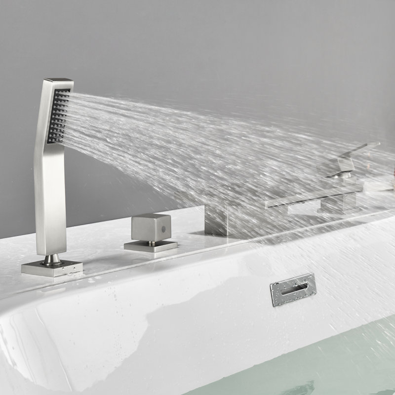 Deck Mount Roman Tub Faucet Set Waterfall High Flow Bathtub Faucets, Brushed Nickel