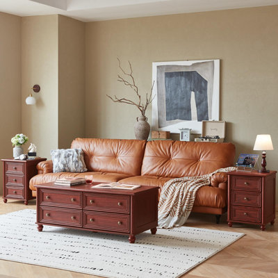 Ensemble de 2 tables de chevet Farmhouse avec station de charge, tables de chevet en bois avec 3 tiroirs, pieds à colonnes romaines et bases cylindriques pour la chambre à coucher et le salon
