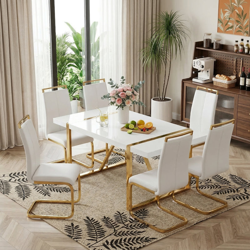 7-9-Piece Modern Engineered Wood Dining Set with Pedestal Metal Base and  Faux Leather Chairs, 7 Pieces: Table, 6 Chairs