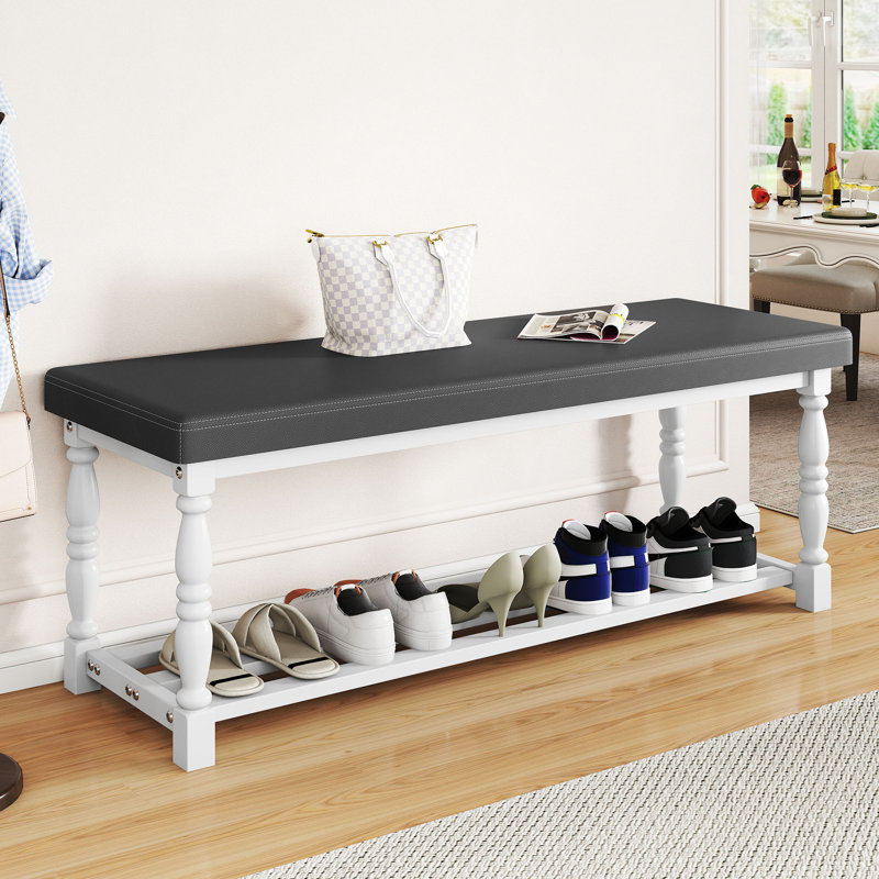48-Inch Roman Inspired Shoe Bench With Cushion And Storage Shelves, White