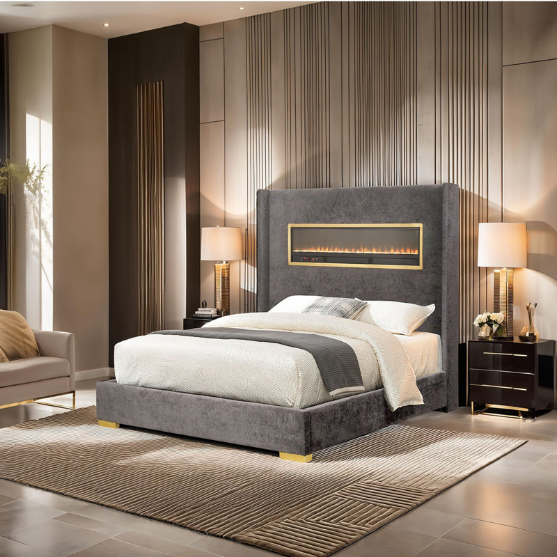 Magnifique lit plateforme tapissier de style contemporain de couleur grise avec grand lit 1pc, Grand lit, Gris