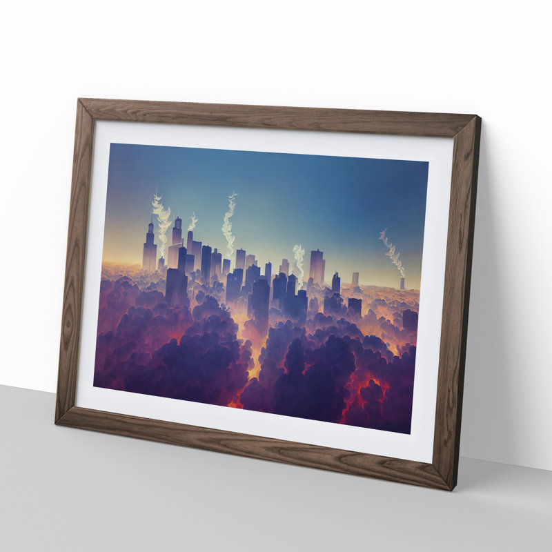XH1022-9490X Unreal City Skyline Architecture - Single Picture Frame Print, 25cm H x 34cm W x 2cm D, Walnut