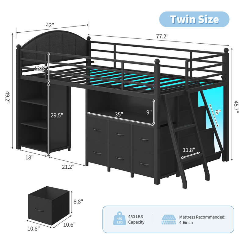 Low Loft Bed with 6 Drawers and Bookcase Storage, Twin Metal Loft Bed Frame with LED Lights, Upholstered Headboard, 3 Open Shelves, Inclined Ladder and Under-Bed Play Area, Black