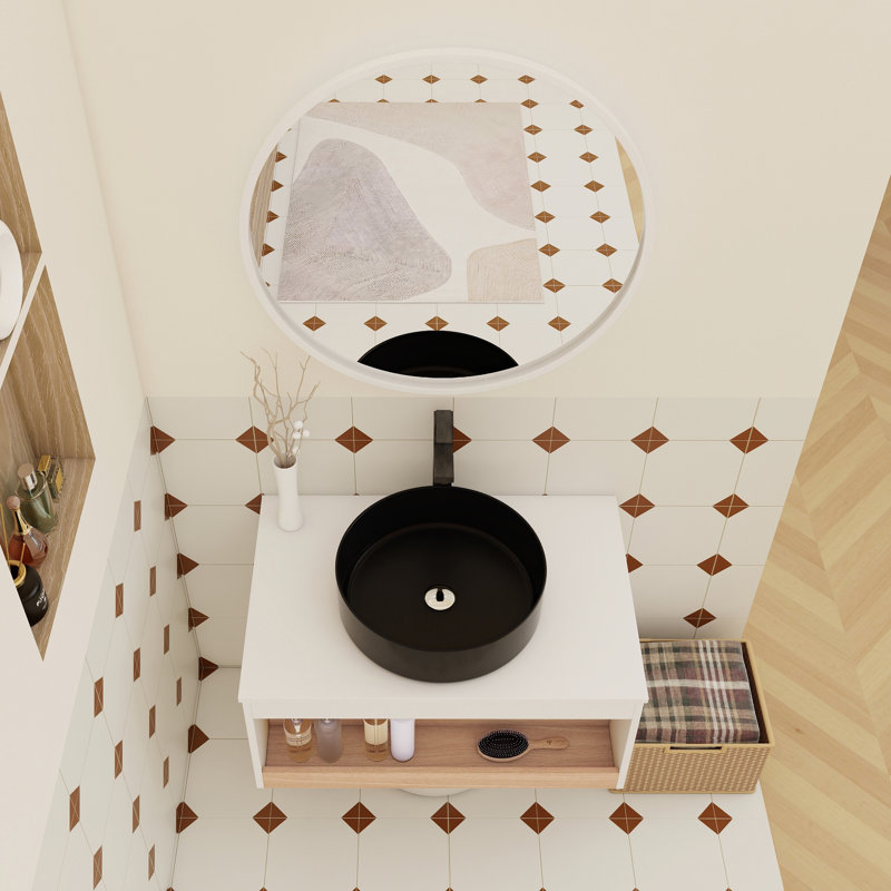 Meuble-lavabo flottant de 30 pouces avec vasque ronde et tablette ouverte, Noir mat