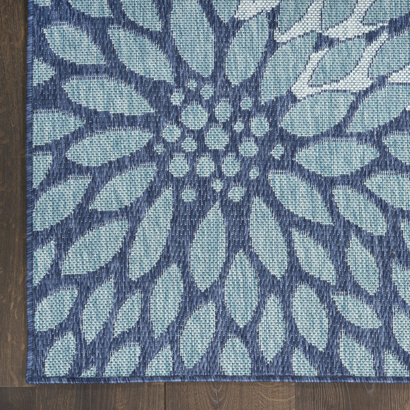 Winston Porter Ylianna Navy Tropical Indoor/Outdoor Rug, Rectangle 5' x 7'