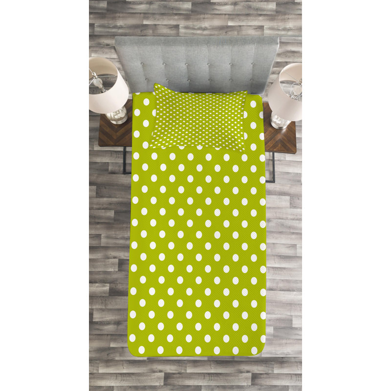 Olive Green and White Polka Dot Twin Bedspread Set