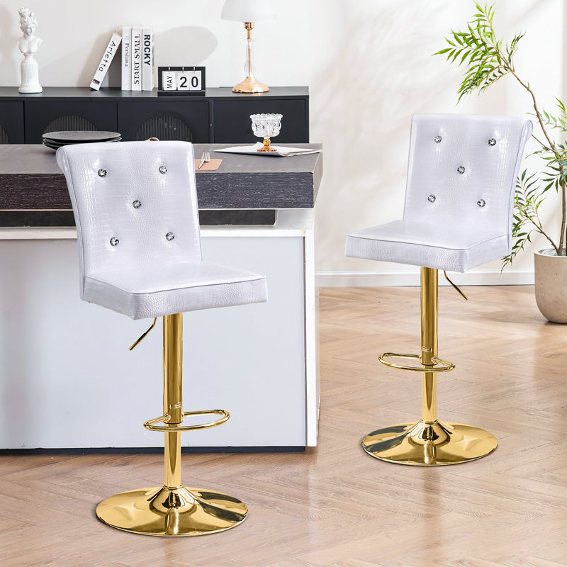 Vintage Faux Leather Bar Stools Set of 2, Adjustable Height Swivel with Crystal Clasp, White Seat/ Gold Frame
