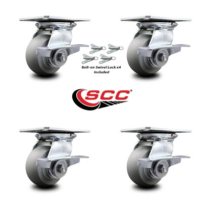 4 Inch Thermoplastic Caster Set with Ball Bearings and Brakes/Swivel Locks SCC