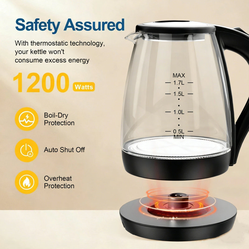 Bouilloire électrique, bouilloire de 1,7 L et chaudière à eau chaude pour café et thé, chauffe-eau et théière, arrêt automatique, verre borosilicaté, blanc, 1 200 W, noir