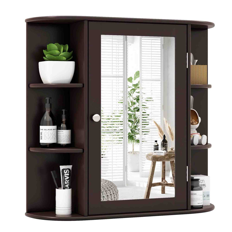 650mm W 640mm H Wall Mounted Required Framed Medicine Cabinet With Mirror And Adjustable Shelf, Brown