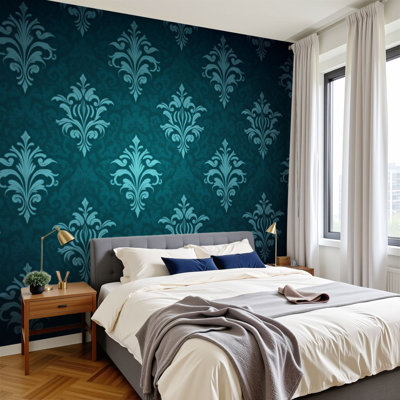 Papier peint adhésif auto-adhésif moderne pour la chambre à coucher avec imprimé victorien bleu sarcelle Peel and Stick L 144 po x l 100 po