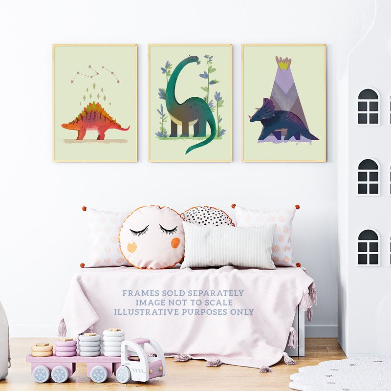 Kids Bedroom Cute Dinosaurs Stegosaurus Apatosaurus Triceratops - 3 Piece No Frame Print Set, 29.7cm H x 21cm W x 0.4cm D