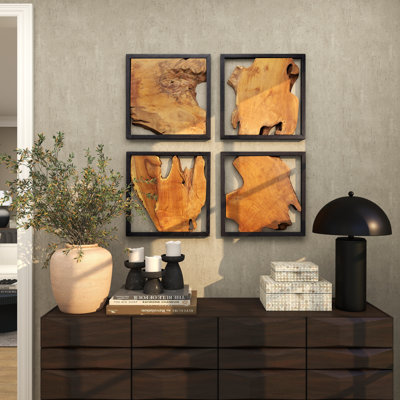 Teak Wood Handmade Live Edge Tree Trunk Abstract Home Wall Decor with Black Frames