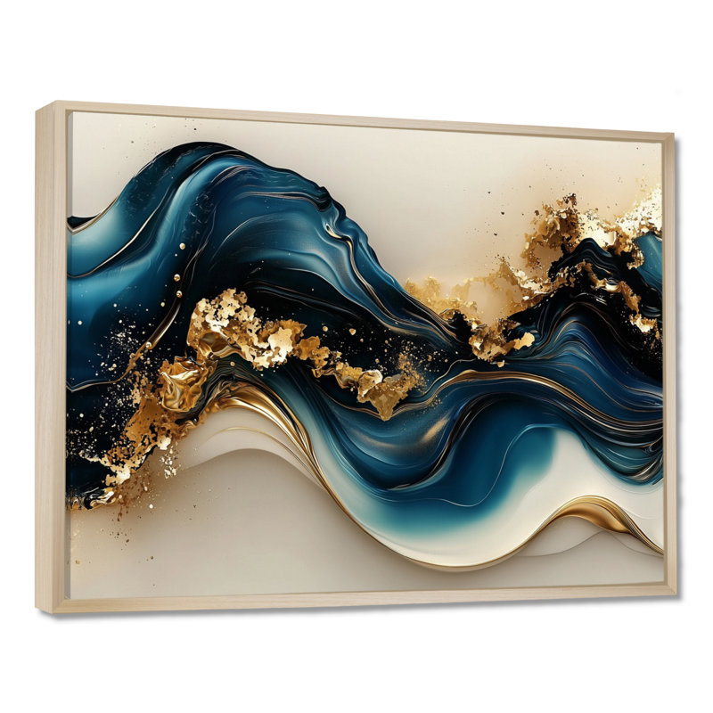 Fusion de pierre émeraude sur Blue River II - art moderne abstrait de vagues, H 16 po x l 32 po, Crème, crème, Cadre flottant