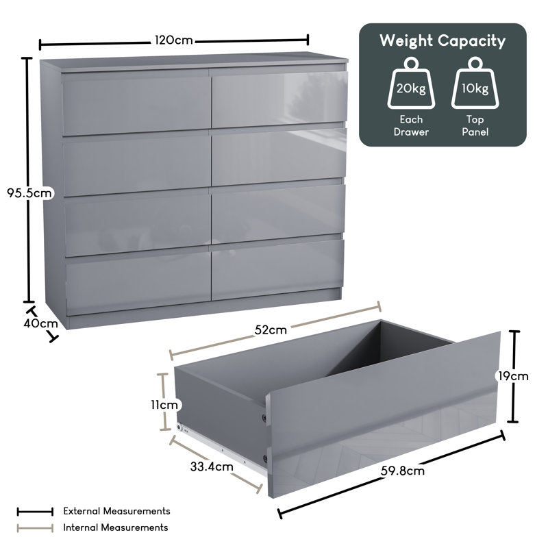 Taniesha 4 Piece Bedroom Set (2 Drawer Bedside Chest X2, 3 Drawer Chest, 2 Door 2 Drawer Wardrobe), (100% FSC), Grey