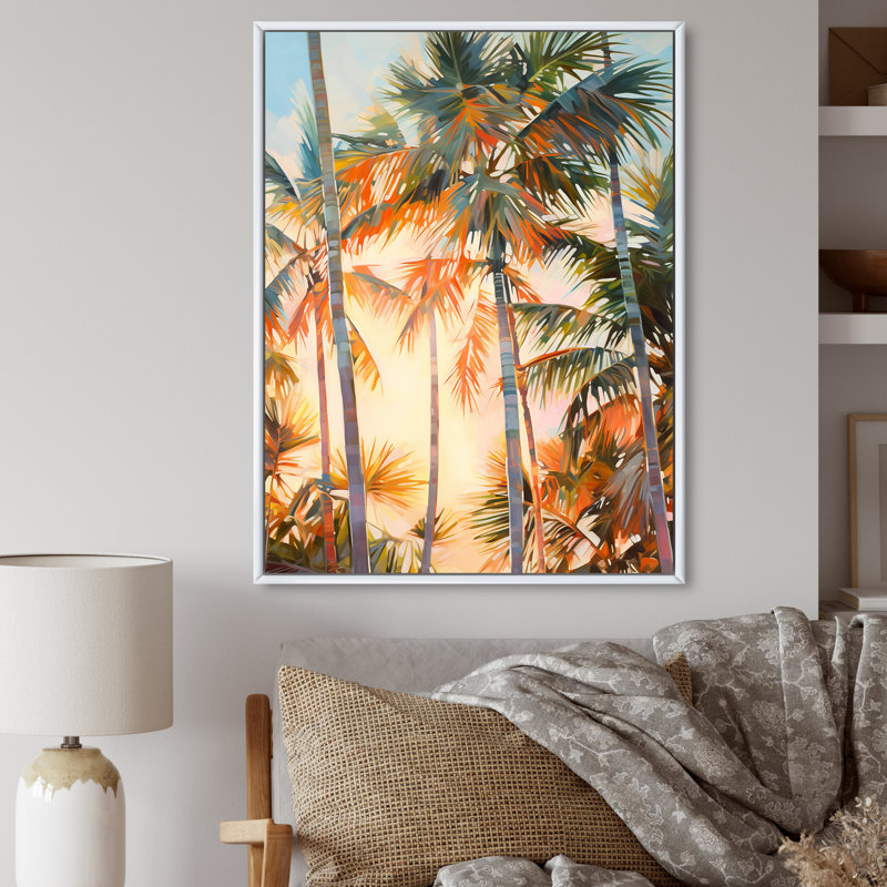 Pyles " Palm Trees Romantic Impression I ", 44" H x 34" W x 1.5" D, White Floater Framed