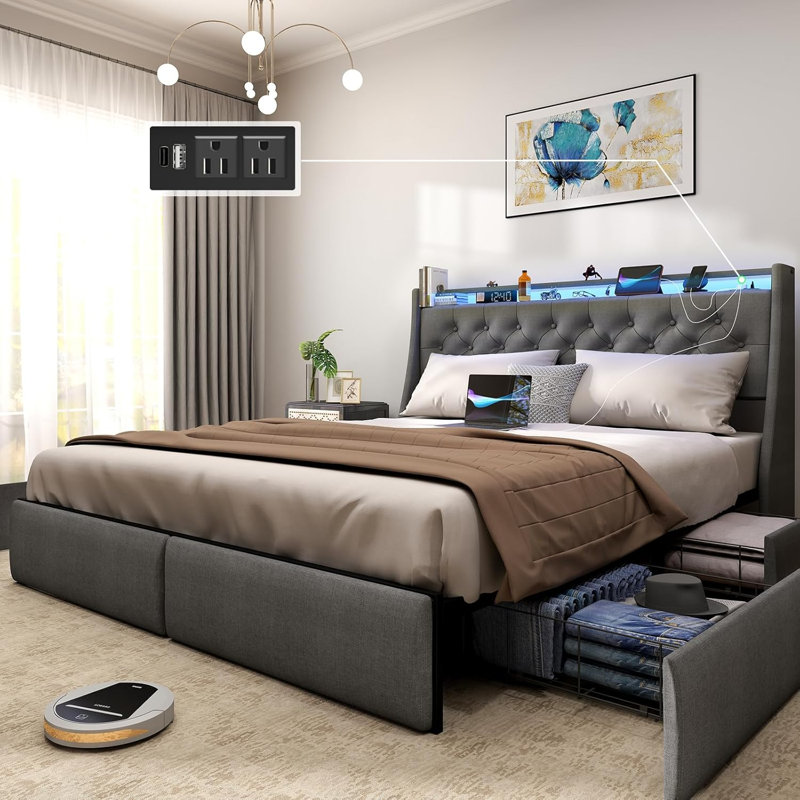 Oneita Upholstered LED Bed Frame with 4 Drawers, Bed with Storage Headboard and Charging Station, Full